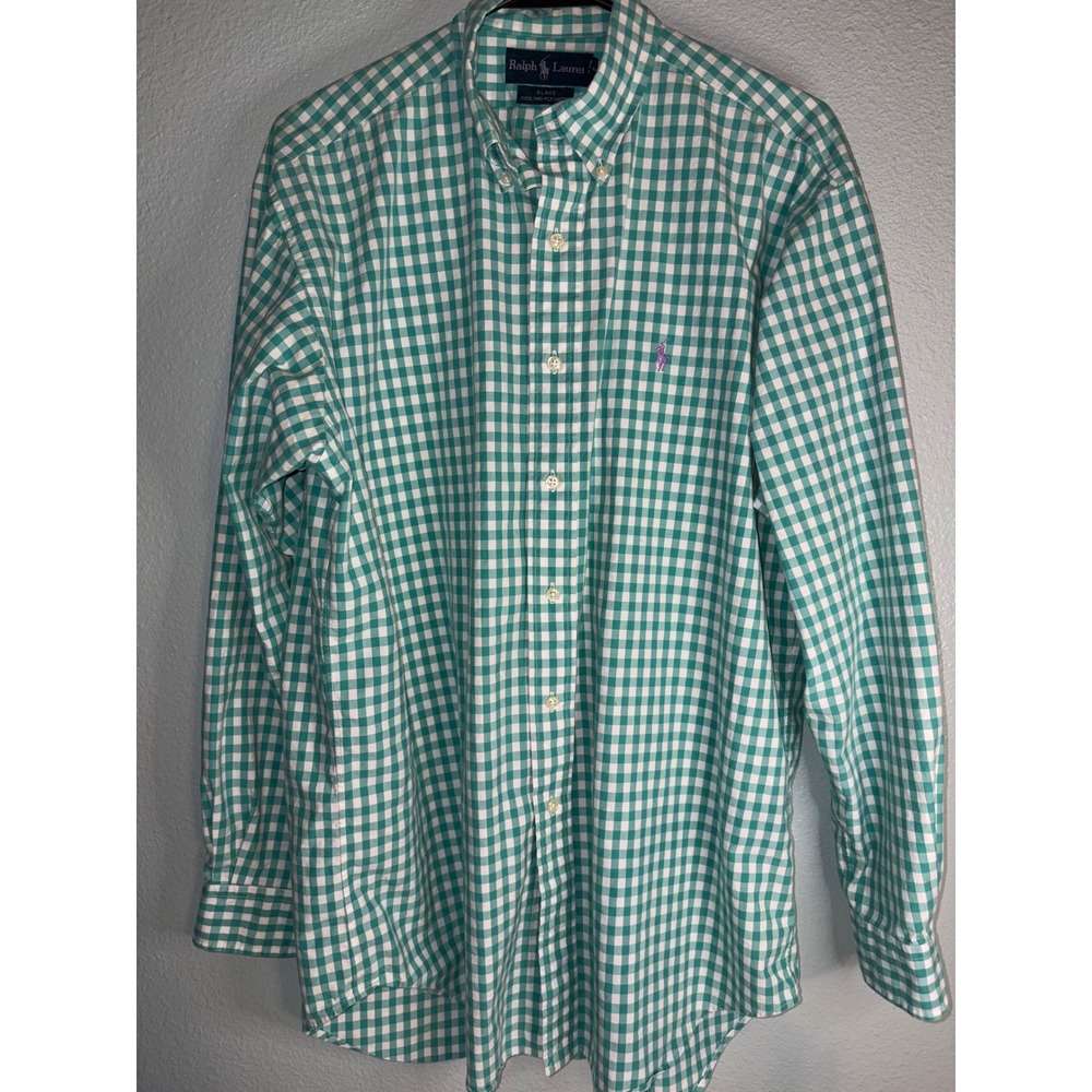 Polo Ralph Lauren Blake Shirt Mens Medium Green White Gingham Check Cotton L/S